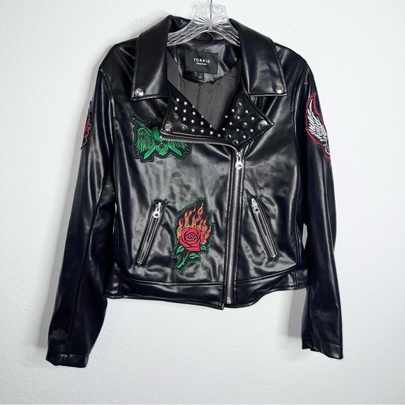 Torrid Faux Leather Jacket Women’s 1X Embroidered Moto Studded Goth Black - Picture 1 of 10